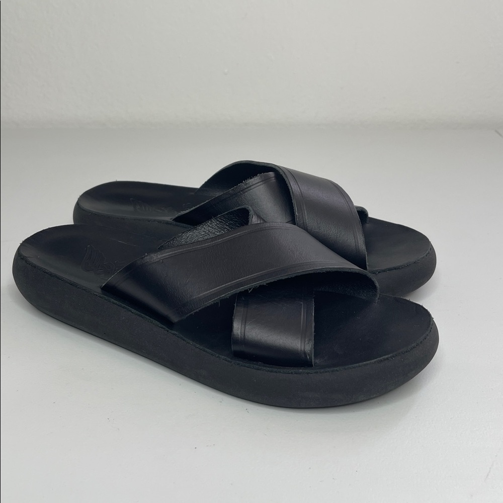 Ancient Greek Black Leather Sandals Thais Comfort Mules Criss Cross Size 39 US 8